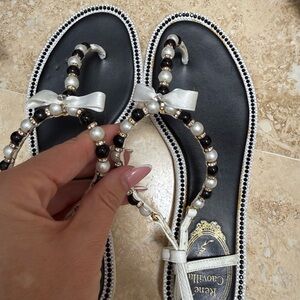 Rene Caovilla Black and White Pearl-Embellished T-Strap Sandals